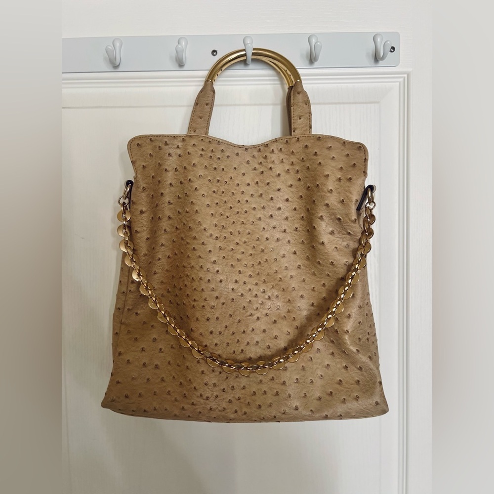 Ivanka Trump Tan Ostrich-Embossed Shoulder Bag with Gold Hardware